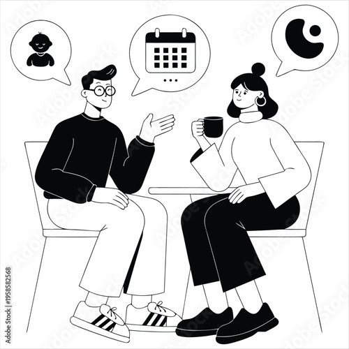 Modern illustration of a couple discussing family planning with calendar and baby icons.