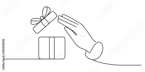Continuous Line Drawing of Hand Opening a Gift Box