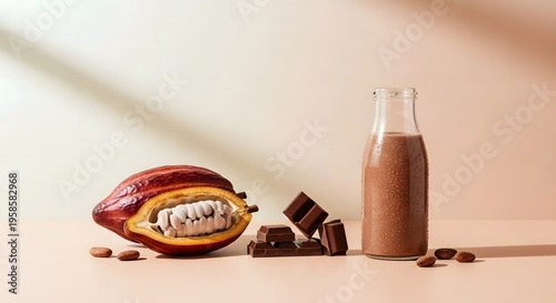 Minimalist Chocolate Drink Background with Cocoa Fruit, Chocolate Pieces and Glass Bottle, Soft Warm Lighting
