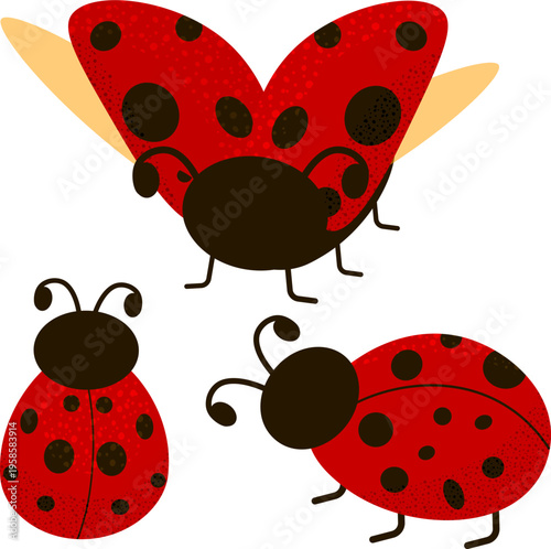Hand drawn set of three red ladybug clip arts, minimalist garden beetle icons for nursery textiles and spring product packaging.