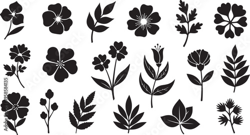 Collection of various black flower silhouettes on white background