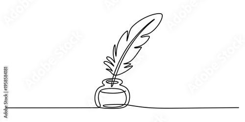 Minimalist One Line Drawing of Quill Pen and Inkwell