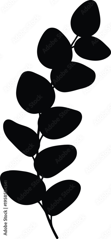 Fototapeta premium Minimalist Black Eucalyptus Leaf Silhouette Isolated on White Background for Modern Botanical Design
