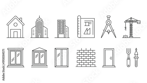 Modern Architecture & Building Outline Icon Set – House Construction, Blueprint, and Urban Design Symbols