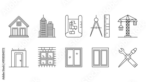 Modern Architecture & Building Outline Icon Set – House Construction, Blueprint, and Urban Design Symbols