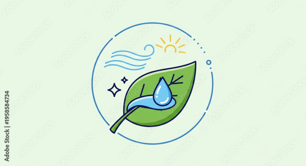 Obraz premium Eco friendly leaf with water drop and sun symbolizing nature conservation and sustainability