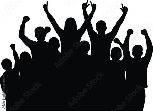 Silhouette of cheering crowd celebrating victory with raised hands on white background