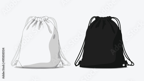 Two blank drawstring backpack templates in white and black shown from a front perspective on a light grey background.