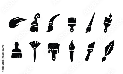  Brush Vector Icons Set – Artistic Tools, Strokes, Silhouette Collection, Creative Design