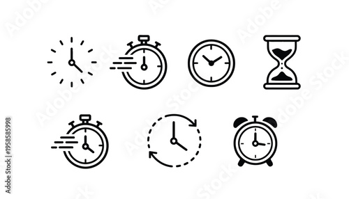 A collection of various clock and timekeeping icons are displayed on a white background.