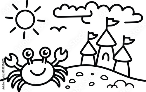 A smiling cartoon crab sits on the sand next to a simple two turreted sandcastle with a sun