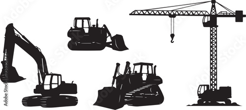 Construction equipment silhouettes on white background illustration set