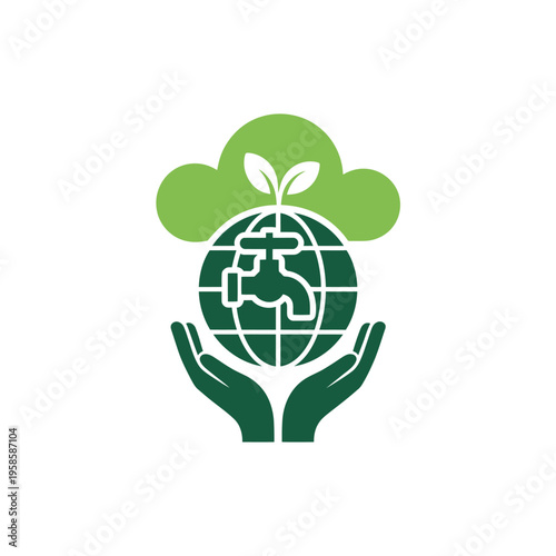 Green globe with hands and tree symbolizing environmental conservation and sustainability