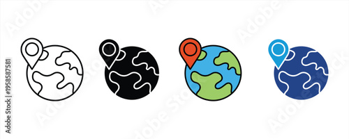 Globe with location pin and map pointer icon set. Worldwide travel navigation, international destination, and global positioning symbols. Vector Illustration.