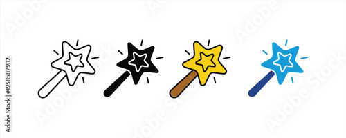 Magic wand with stars and sparkling effect icon set. Fantasy wizard tool, magical spell, and miracle symbols. Vector Illustration.