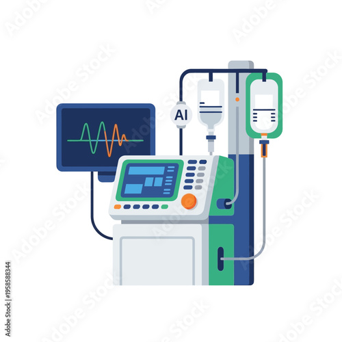 Medical ventilator and monitoring equipment in a hospital setting.