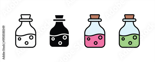 Magic potion bottle and glass flask chemistry icon set. Fantasy gaming assets, laboratory experiment, and medical elixir symbols. Vector Illustration.