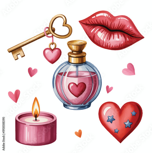 Romantic heart collection in soft hand painted watercolor with love symbols and sweet elements.