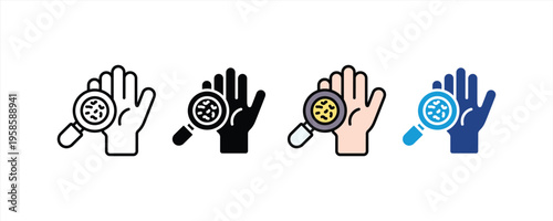 Magnifying glass over hand for skin examination icon set. Dermatology, skincare analysis, and hand hygiene symbols. Vector Illustration.