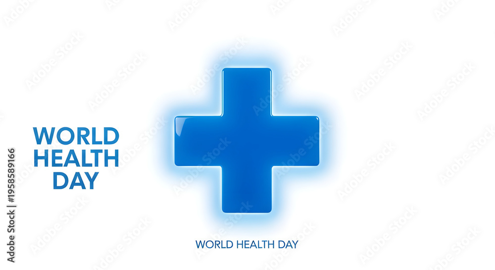 Fototapeta premium World Health Day concept with glowing blue medical cross symbol on clean white background isolated PNG with Transparent Background