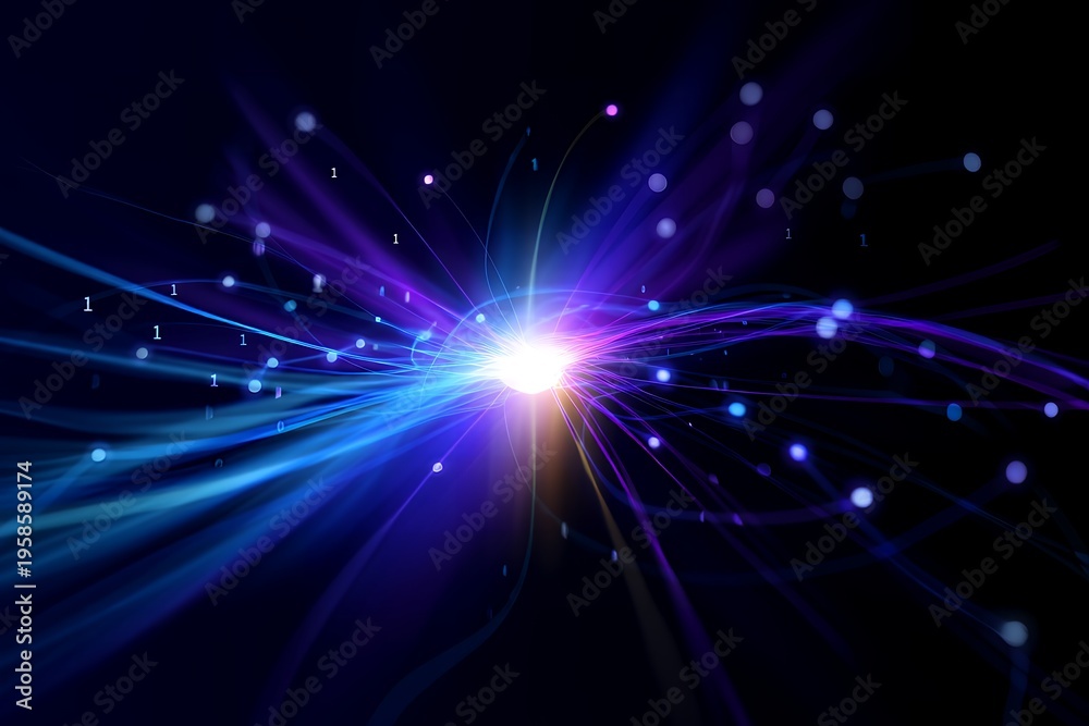 Fototapeta premium A vibrant purple and blue light burst with radiating lines and particles against a dark background