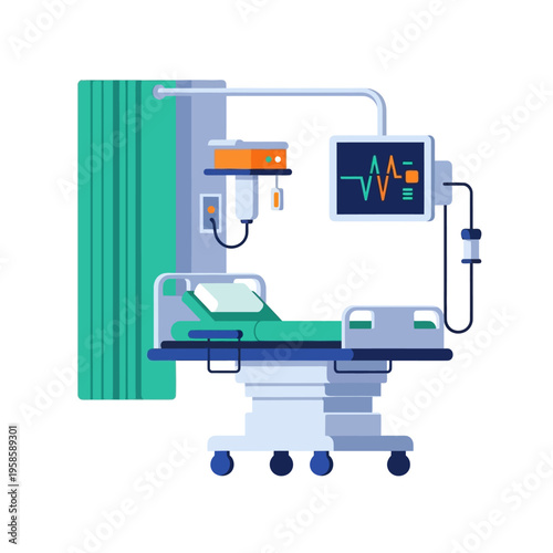 Modern Hospital Bed with Medical Equipment and Monitor.