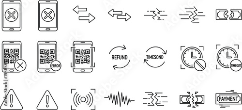 Mobile Payment and Digital Security Icons Illustration for Transaction, QR Code Scanning, and Fraud Prevention Concepts