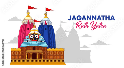 Jagannatha rath yatra festival illustration with temple towers and flags in puri odisha