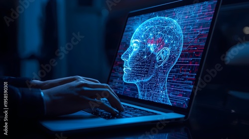 Person typing on laptop with digital brain hologram representing artificial intelligence and innovation