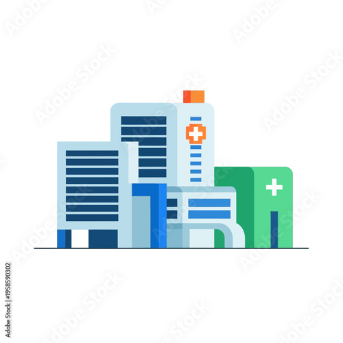 Modern Medical Buildings and Pharmacy Facade Illustration.