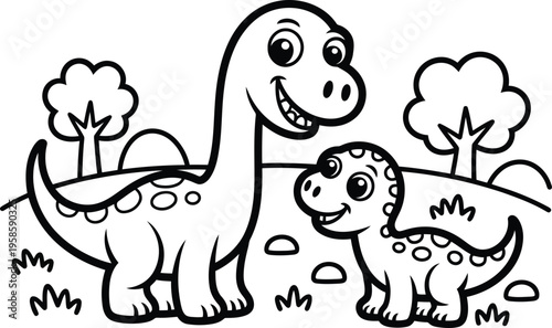 Adorable smiling dinosaur family with a large parent and small baby exploring a prehistoric outdoor scene