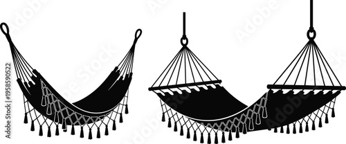 Vector hammock silhouette illustration featuring traditional and spreader‑bar designs with decorative tassels