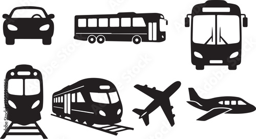 Transportation modes in silhouette on white background icons set