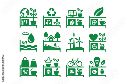 Eco hutch workspace vector icon, minimal illustration for environmentally conscious office setup, organization and generation of sustainable practices.