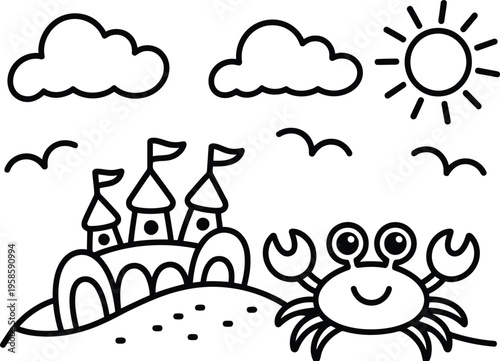 An adorable cartoon crab smiles on the beach with a multi turreted sandcastle and three flying birds