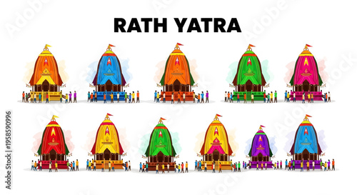 Colorful illustration of rath yatra festival chariots with ornate details and traditional designs