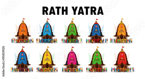 Colorful illustration of rath yatra festival chariots with traditional indian decorations