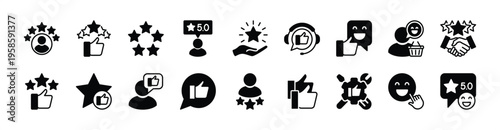 Customer five stars experience icon vector set. Contains thumbs up satisfaction, feedback, review, rating for service, support, survey, quality, comment, opinion, testimonial - illustration