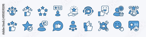 Set of customer five stars review, rating, feedback, satisfaction icon. Contains thumbs up experience for service, support, survey, quality, comment, opinion, testimonial - vector illustration
