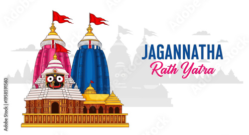 Colorful illustration of jagannatha ratha yatra festival with temple and flags