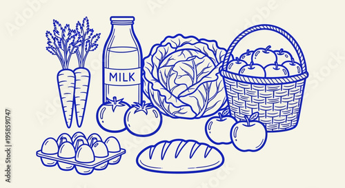 Hand drawn illustration of fresh produce including milk bread and vegetables