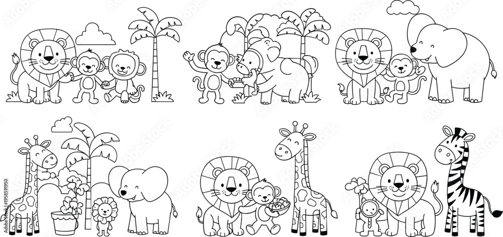 Εκτύπωση καμβά Cute safari animals scenes set with lion elephant monkey giraffe zebra cartoon c