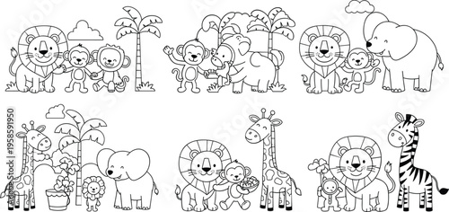Cute safari animals scenes set with lion elephant monkey giraffe zebra cartoon coloring page vector illustration collection