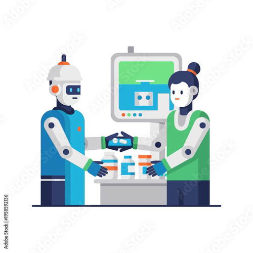 Robot and Human Collaborating on Technology Project.