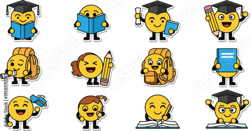 Cute student emoji characters set with graduation school study activities cartoon vector illustration collection