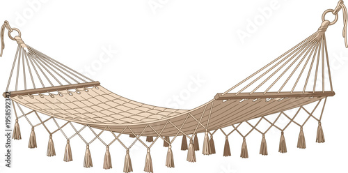 Vector illustration of woven hammock with wooden spreader bars, tassels, tropical relaxation furniture, outdoor leisure, and summer lifestyle icons.