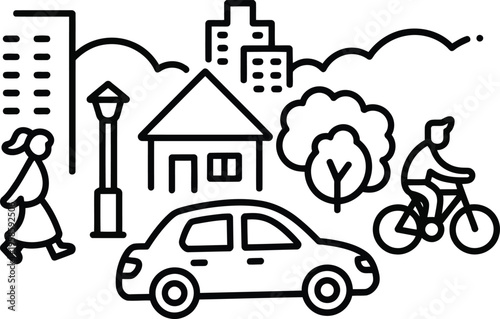 An outline illustration depicting city life with buildings, a car, a pedestrian, and a cyclist