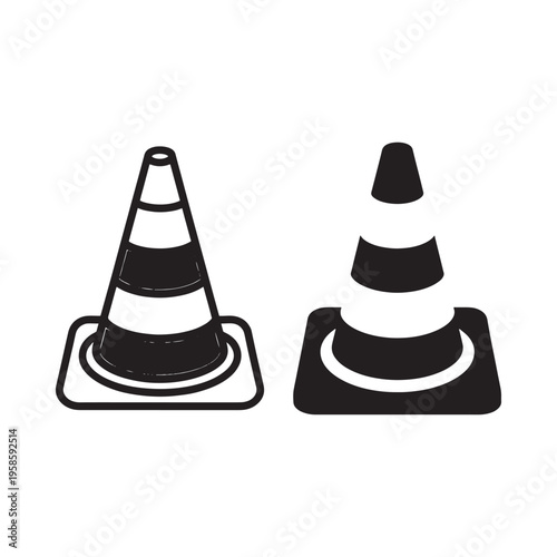 Two traffic cones depicted in a simple black and white illustration