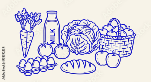 Fresh groceries illustration with milk vegetables fruits and baked goods