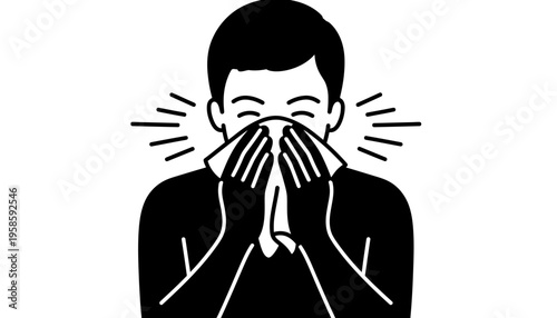 Sick man blowing nose in a black silhouette vector illustration